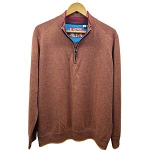 Robert Graham Wool Quarter Zip Sweater Men's L Burgundy Gold Elbow Patch Classic